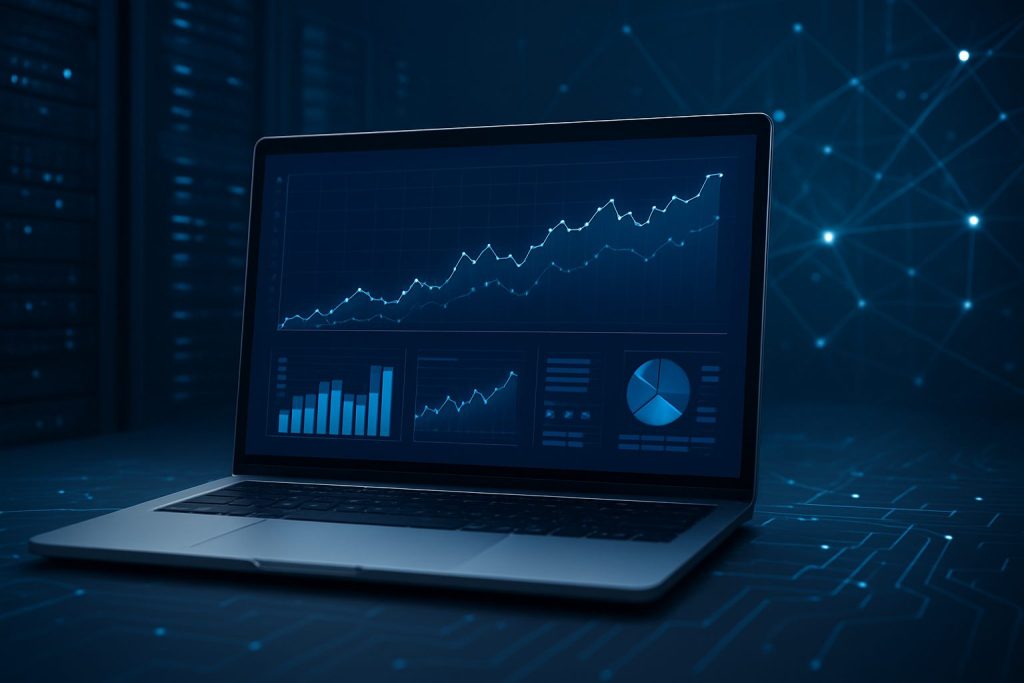 A laptop displaying analytics graphs and charts in a dark, tech-themed environment