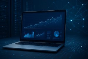 A laptop displaying analytics graphs and charts in a dark, tech-themed environment