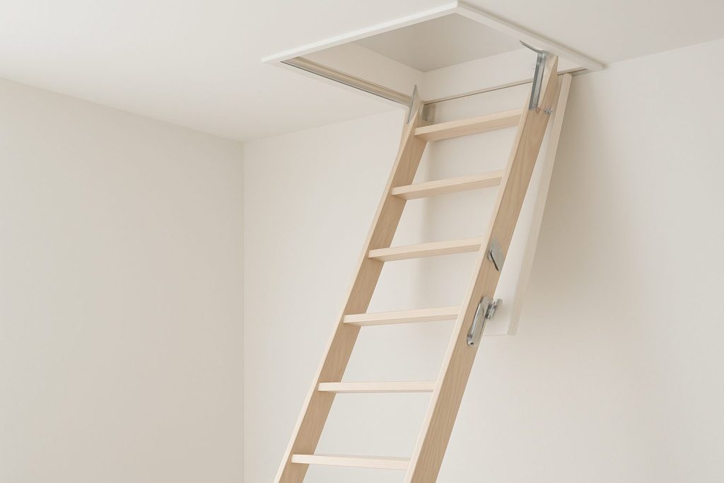 A wooden loft ladder leading up into a ceiling opening, showcasing a modern interior design